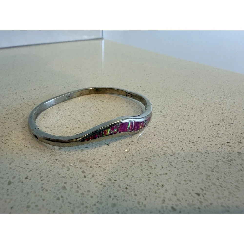 Vintage Sterling Silver Mexico Hinged Fire Opal Inlay Bracelet 7”
